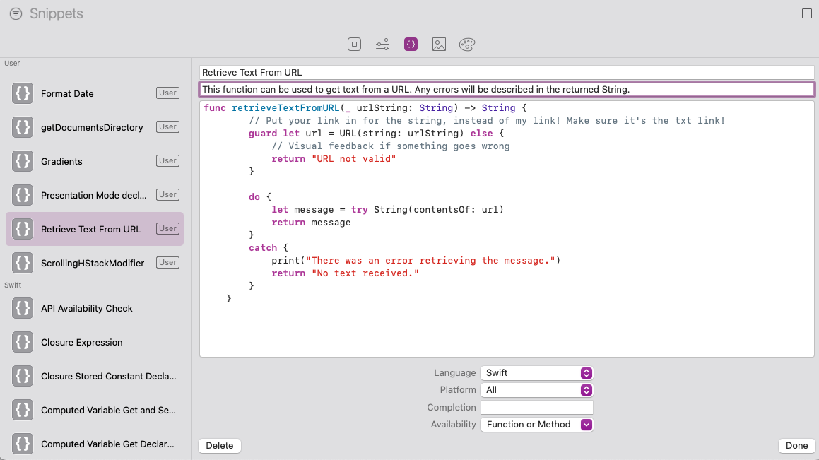 retrieveTextFromURL being added to the Xcode Snippets Library.